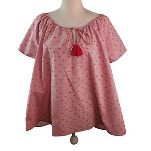 Lane Bryant Top Women's 18/20 Red White Stripe Design Pompom Tie Casual Comfort